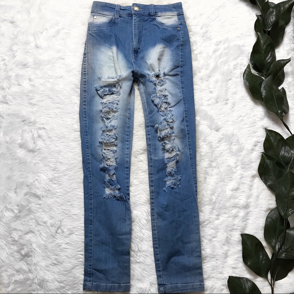 High waist distressed skinny jeans